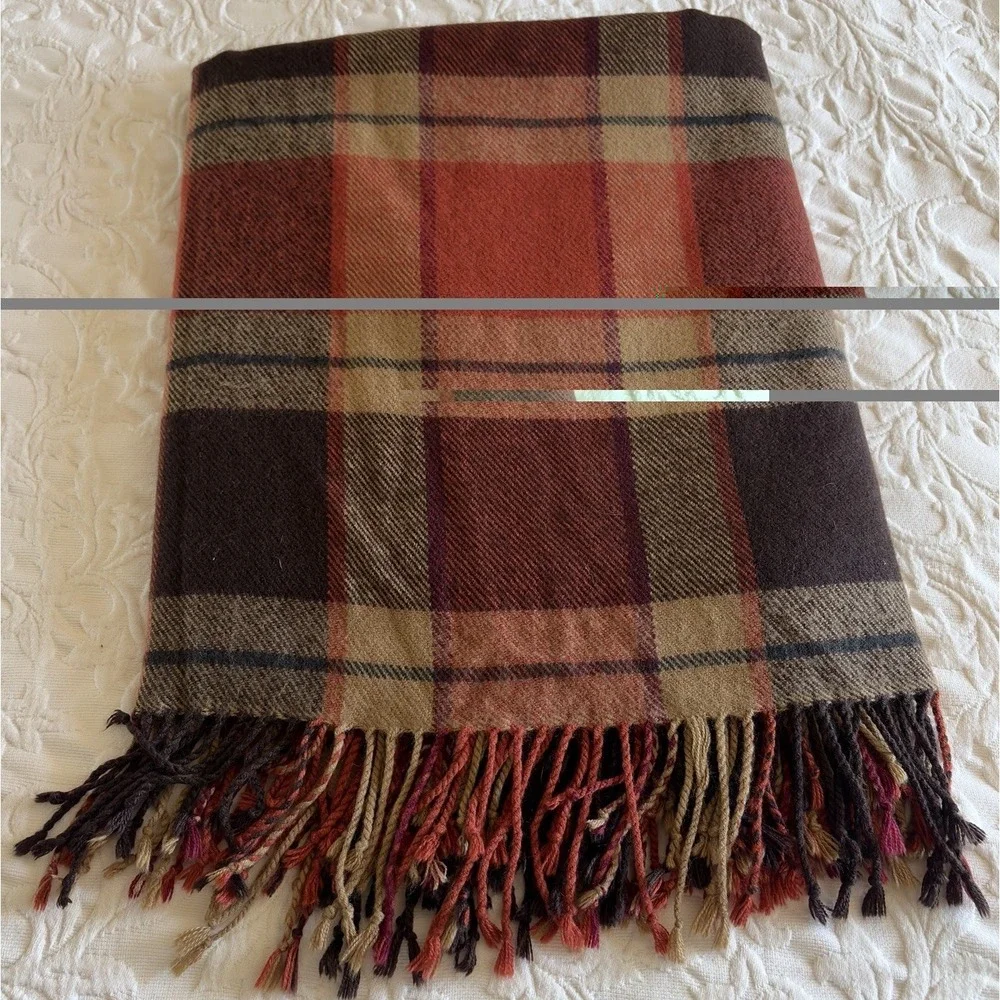 Pottery Barn Ronan Plaid Throw Blanket 50x60 Rust Brown Tan Fringe Fall Lodge